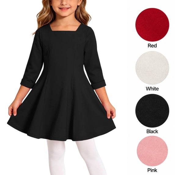 XRoczxe Girls Square Neck Dress, Long Sleeve A-Line Swing Dress, Soft Cotton Blend Casual Party School Uniform Tunic for Kids