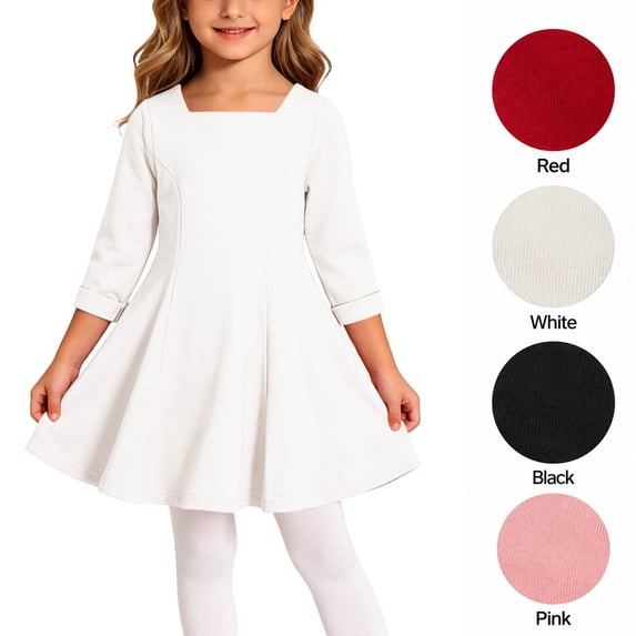 XRoczxe Girls Square Neck Dress, Long Sleeve A-Line Swing Dress, Soft Cotton Blend Casual Party School Uniform Tunic for Kids