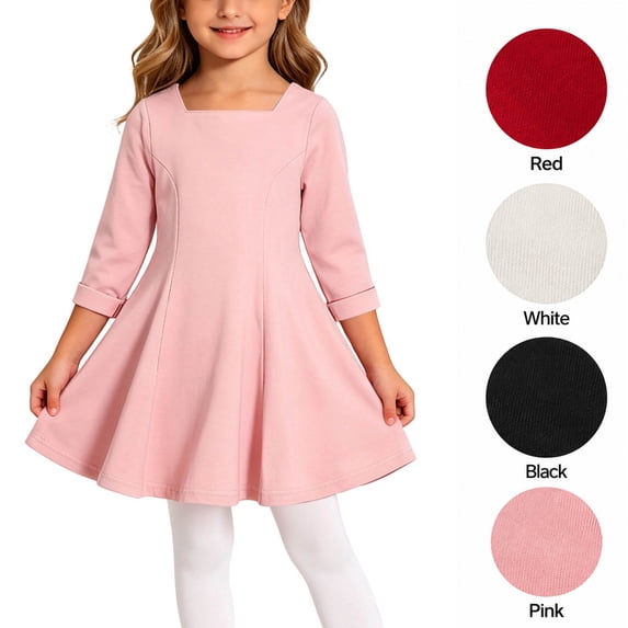 XRoczxe Girls Square Neck Dress, Long Sleeve A-Line Swing Dress, Soft Cotton Blend Casual Party School Uniform Tunic for Kids