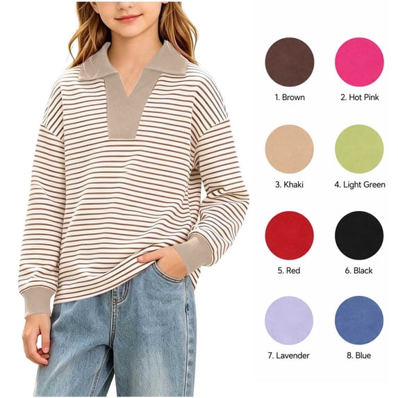 XRoczxe Girls Striped Rugby Shirt, Long Sleeve Color Block Polo Top with Contrast Collar, Casual Cotton Blend Pullover Sweatshirt for School & Play