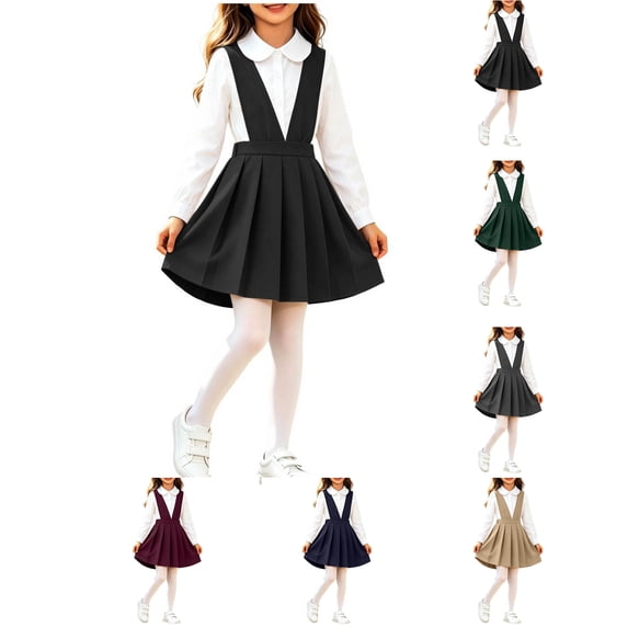 XRoczxe Girls V Neck Suspender Pleated Dress Kids Solid Uniform Skirt For School Daily Outfit|Black