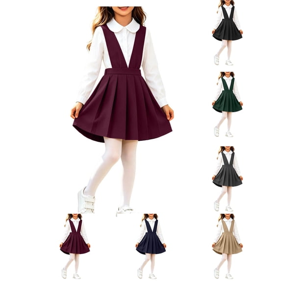 XRoczxe Girls V Neck Suspender Pleated Dress Kids Solid Uniform Skirt For School Daily Outfit|Red