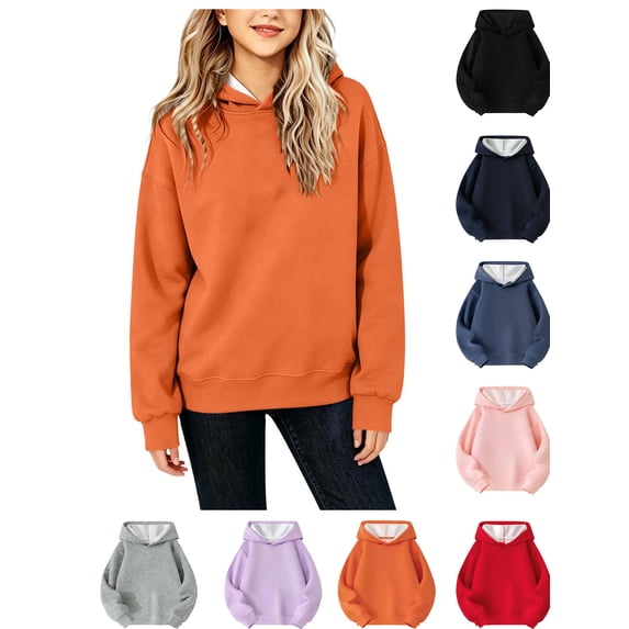 XRoczxe Girls' solid color pullover hooded sweatshirt, children's long-sleeved casual loose hooded top | Autumn and winter outfits, multiple colors and sizes available.