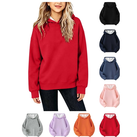 XRoczxe Girls' solid color pullover hooded sweatshirt, children's long-sleeved casual loose hooded top | Autumn and winter outfits, multiple colors and sizes available.