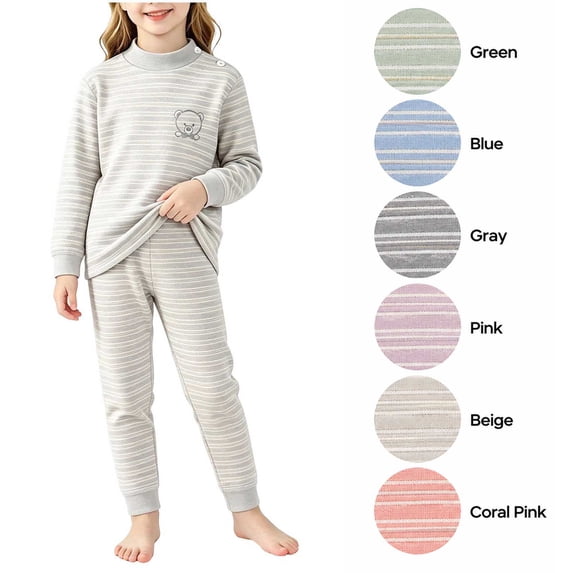 XRoczxe Kids Thermal Underwear Set, Boys Girls Striped Base Layer Pajamas, Soft Warm Long Sleeve Top & Pants for Winter Sleepwear