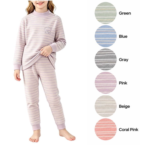 XRoczxe Kids Thermal Underwear Set, Boys Girls Striped Base Layer Pajamas, Soft Warm Long Sleeve Top & Pants for Winter Sleepwear