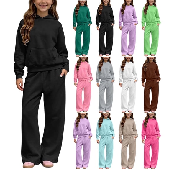 XRoczxe Kids Unisex 2 Piece Outfit Set Solid Hooded Sweatshirt & Wide Leg Sweatpants Casual Fall Winter Tracksuit