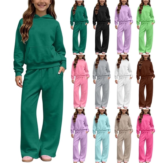 XRoczxe Kids Unisex 2 Piece Outfit Set Solid Hooded Sweatshirt & Wide Leg Sweatpants Casual Fall Winter Tracksuit