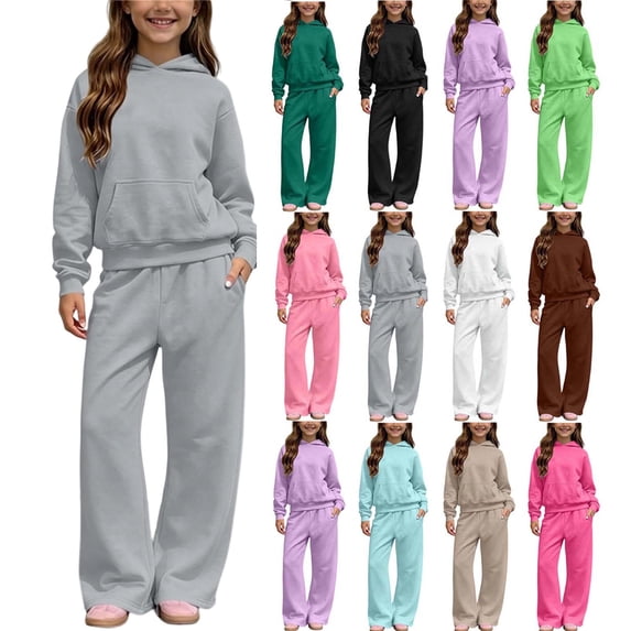 XRoczxe Kids Unisex 2 Piece Outfit Set Solid Hooded Sweatshirt & Wide Leg Sweatpants Casual Fall Winter Tracksuit