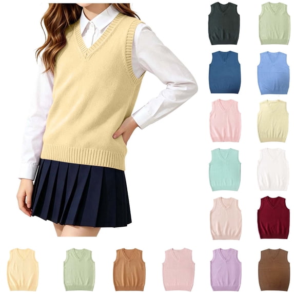 XRoczxe Kids V‑Neck Knit Vest, Unisex Boys Girls Solid‑Color Sleeveless Sweater Vest, Preppy School Casual Layering Tank Top