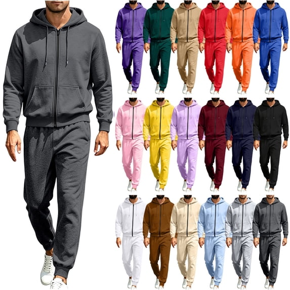 XRoczxe Men Full Zip Hoodie Jogger Pants 2 Piece Tracksuit Drawstring Long Sleeve Zip Up Hooded Top Cuffed Sweatpants Casual Athletic Solid Color Outfit Dark Gray
