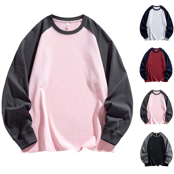 XRoczxe Men Raglan Color Block Long Sleeve T-Shirt, Casual Crew Neck Contrast Pullover Top, Loose Fit Basic Layer Shirt for Winter Daily Wear Pink