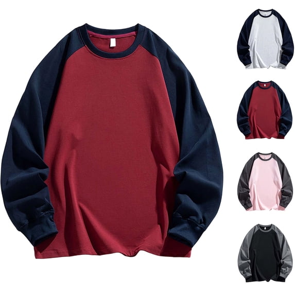 XRoczxe Men Raglan Color Block Long Sleeve T-Shirt, Casual Crew Neck Contrast Pullover Top, Loose Fit Basic Layer Shirt for Winter Daily Wear Red