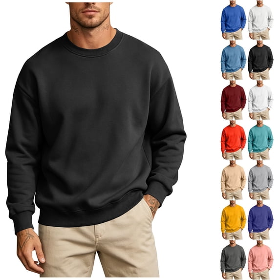 XRoczxe Men Solid Crew Neck Sweatshirt Oversized Drop Shoulder Long Sleeve Fleece Pullover Casual Basic Plain Sweat Top Multiple All-match Solid Colors Black