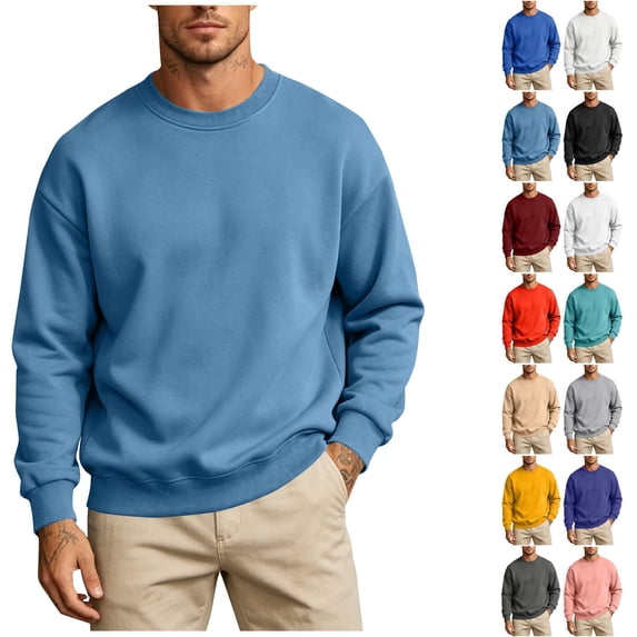 XRoczxe Men Solid Crew Neck Sweatshirt Oversized Drop Shoulder Long Sleeve Fleece Pullover Casual Basic Plain Sweat Top Multiple All-match Solid Colors Light Blue
