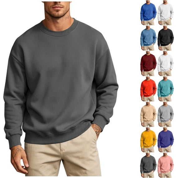 XRoczxe Men Solid Crew Neck Sweatshirt Oversized Drop Shoulder Long Sleeve Fleece Pullover Casual Basic Plain Sweat Top Multiple All-match Solid Colors Dark Gray