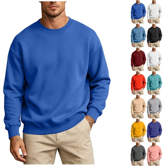 XRoczxe Men Solid Crew Neck Sweatshirt Oversized Drop Shoulder Long Sleeve Fleece Pullover Casual Basic Plain Sweat Top Multiple All-match Solid Colors Blue