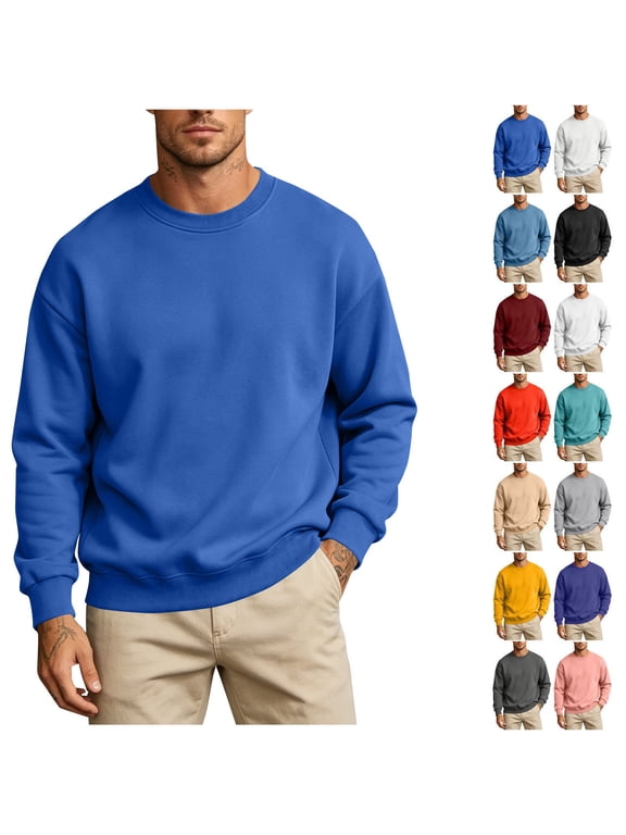 Men Solid Crew Neck Sweatshirt Oversized Drop Shoulder Long Sleeve Fleece Pullover Casual Basic Plain Sweat Top Multiple All-match Solid Colors Blue