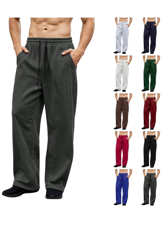 Men Solid Elastic Waist Drawstring Wide Leg Sweatpants Loose Straight Casual Fleece Trousers Relaxed Daily Jogging Pants Multiple Plain Solid Colors Dark Gray