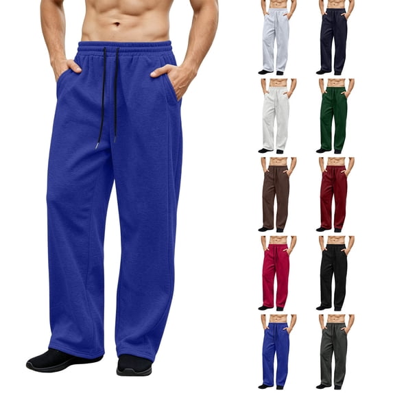 XRoczxe Men Solid Elastic Waist Drawstring Wide Leg Sweatpants Loose Straight Casual Fleece Trousers Relaxed Daily Jogging Pants Multiple Plain Solid Colors Blue