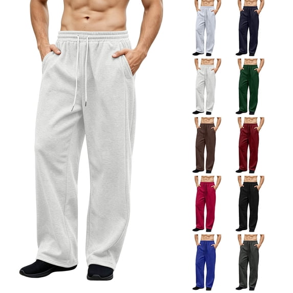 XRoczxe Men Solid Elastic Waist Drawstring Wide Leg Sweatpants Loose Straight Casual Fleece Trousers Relaxed Daily Jogging Pants Multiple Plain Solid Colors White