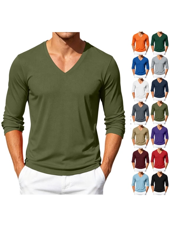 Men V Neck Mesh Long Sleeve T-Shirt, Breathable Waffle Knit Pullover Top, Slim Fit Solid Color Casual Base Layer Shirt For Daily Wear Army Green