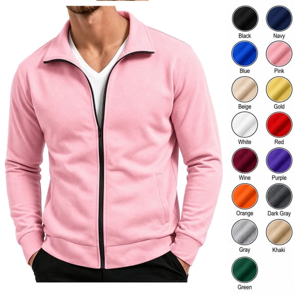 XRoczxe Men's Full Zip Up Track Jacket, Stand Collar Solid Color Sweatshirt, Casual Long Sleeve Lightweight Coat with Pockets for Spring Fall Daily Wear
