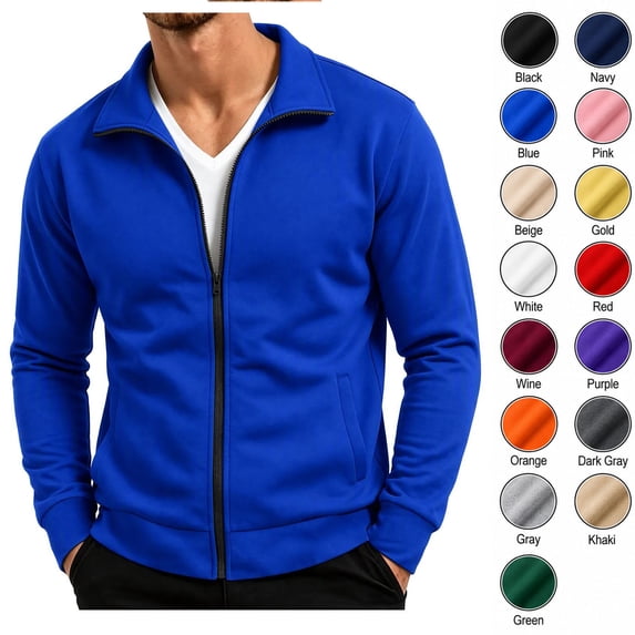 XRoczxe Men's Full Zip Up Track Jacket, Stand Collar Solid Color Sweatshirt, Casual Long Sleeve Lightweight Coat with Pockets for Spring Fall Daily Wear