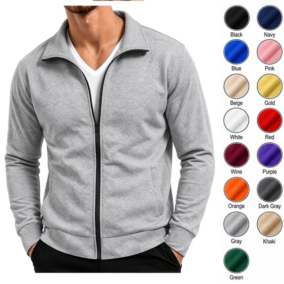 XRoczxe Men's Full Zip Up Track Jacket, Stand Collar Solid Color Sweatshirt, Casual Long Sleeve Lightweight Coat with Pockets for Spring Fall Daily Wear