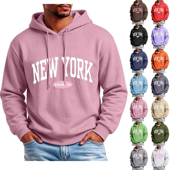 XRoczxe Men's Graphic Print Pullover Hoodie, New York Letter Design Sweatshirt, Casual Long Sleeve Hooded Top with Pocket for Fall Winter Daily Wear