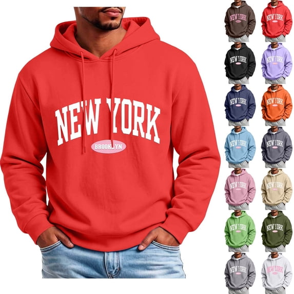 XRoczxe Men's Graphic Print Pullover Hoodie, New York Letter Design Sweatshirt, Casual Long Sleeve Hooded Top with Pocket for Fall Winter Daily Wear