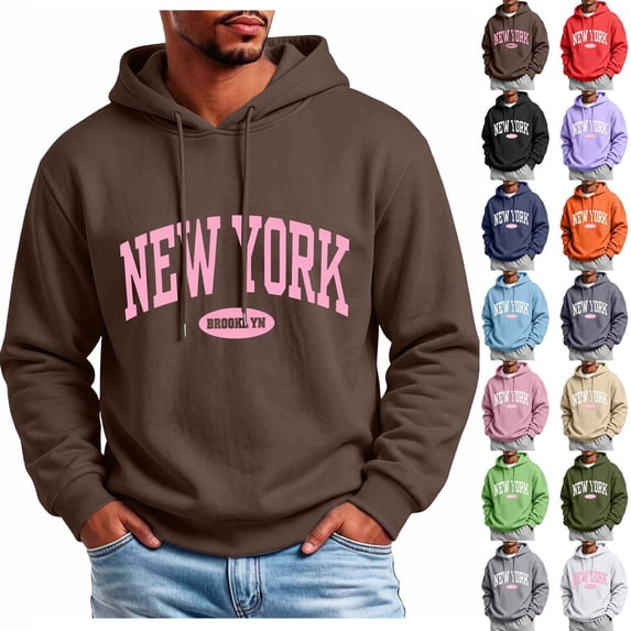 XRoczxe Men's Graphic Print Pullover Hoodie, New York Letter Design Sweatshirt, Casual Long Sleeve Hooded Top with Pocket for Fall Winter Daily Wear