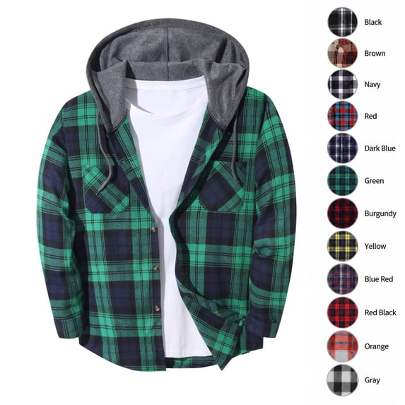 XRoczxe Men's Plaid Flannel Lined Hooded Jacket, Casual Zip Up Plaid Shirt Jacket with Pockets, Warm Fleece Outerwear Coat for Fall Winter Daily Wear