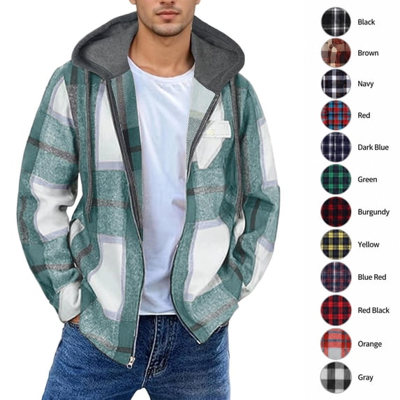 XRoczxe Men's Plaid Flannel Lined Hooded Jacket, Casual Zip Up Plaid Shirt Jacket with Pockets, Warm Fleece Outerwear Coat for Fall Winter Daily Wear