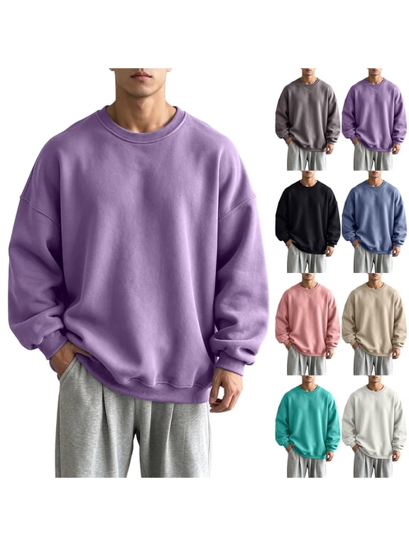 Unisex Solid Crew Neck Sweatshirt Oversized Drop Shoulder Long Sleeve Pullover Casual Fleece Basic Sweat Top Neutral Couple Matching Outfit Multiple Plain Colors Purple