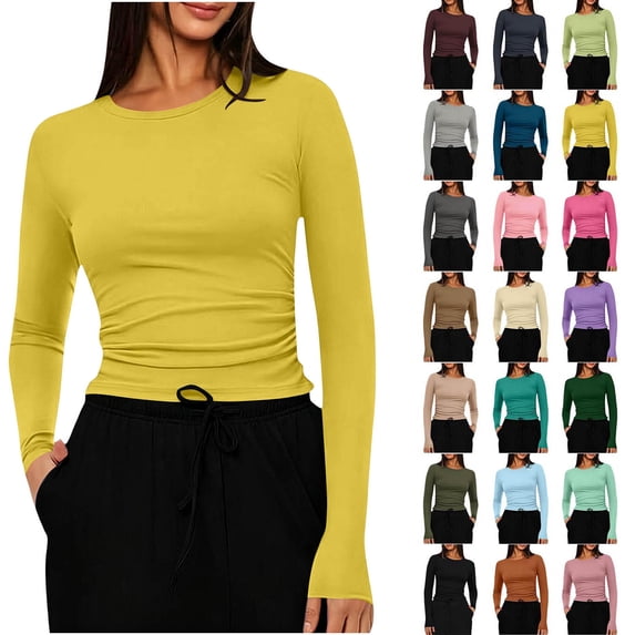 XRoczxe Women Crew Neck Long‑Sleeve Fitted Top, Side Ruched Slim‑Fit Stretchy Basic Layering Shirt For Autumn Winter—available in multiple colors