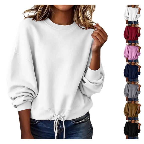 XRoczxe Women Crew Neck Long Sleeve Pullover Sweatshirt Drawstring Hem No Hood Casual Solid Top Multi Color Layering Shirt for Autumn Winter