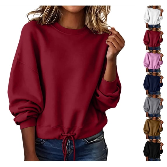 XRoczxe Women Crew Neck Long Sleeve Pullover Sweatshirt Drawstring Hem No Hood Casual Solid Top Multi Color Layering Shirt for Autumn Winter