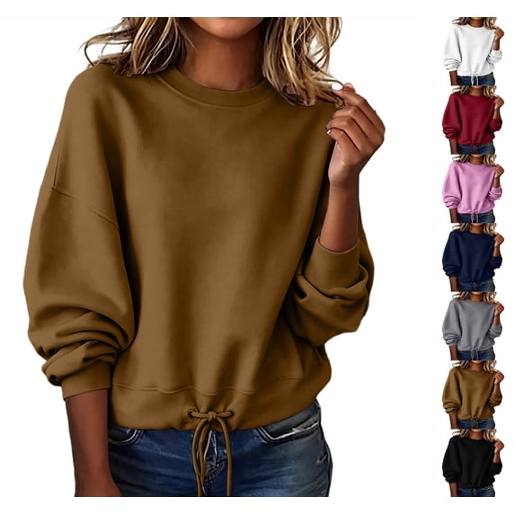 XRoczxe Women Crew Neck Long Sleeve Pullover Sweatshirt Drawstring Hem No Hood Casual Solid Top Multi Color Layering Shirt for Autumn Winter