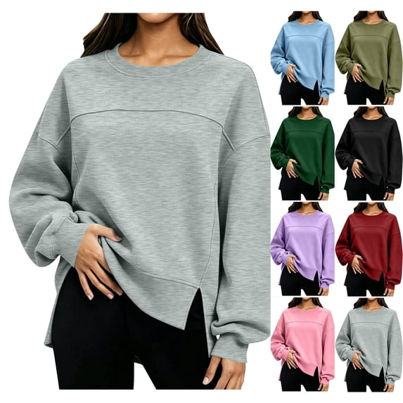 XRoczxe Women Crew Neck Oversized Sweatshirt Long Sleeve Raglan Top Side Split Hem Wrinkle Resistant Soft Casual Layering Pullover Multiple Fresh Solid Colors
