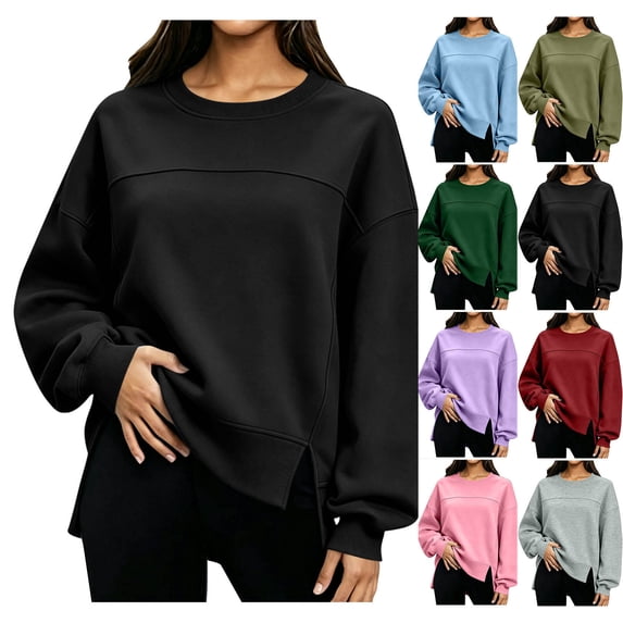 XRoczxe Women Crew Neck Oversized Sweatshirt Long Sleeve Raglan Top Side Split Hem Wrinkle Resistant Soft Casual Layering Pullover Multiple Fresh Solid Colors