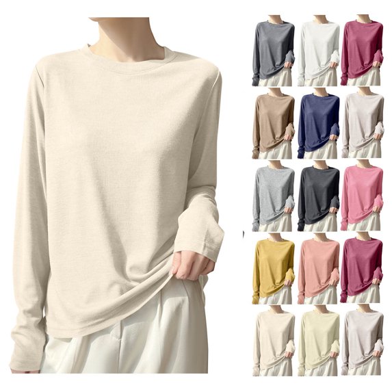 XRoczxe Women Crew Neck Ribbed Long Sleeve Slim Fit Thermal Top Soft Skin-Friendly Windproof Warm Base Layer Multi Fresh Solid Color Casual Winter Layering Shirt