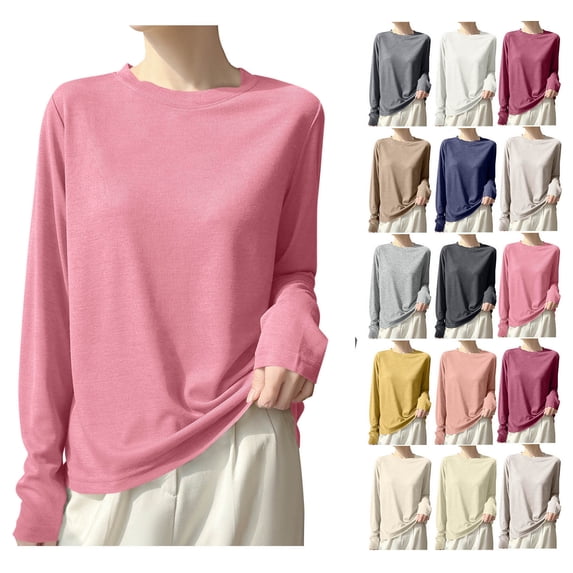 XRoczxe Women Crew Neck Ribbed Long Sleeve Slim Fit Thermal Top Soft Skin-Friendly Windproof Warm Base Layer Multi Fresh Solid Color Casual Winter Layering Shirt