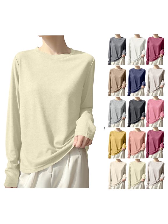 Women Crew Neck Ribbed Long Sleeve Slim Fit Thermal Top Soft Skin-Friendly Windproof Warm Base Layer Multi Fresh Solid Color Casual Winter Layering Shirt