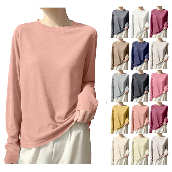 XRoczxe Women Crew Neck Ribbed Long Sleeve Slim Fit Thermal Top Soft Skin-Friendly Windproof Warm Base Layer Multi Fresh Solid Color Casual Winter Layering Shirt