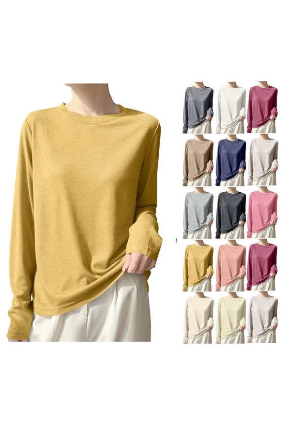 Women Crew Neck Ribbed Long Sleeve Slim Fit Thermal Top Soft Skin-Friendly Windproof Warm Base Layer Multi Fresh Solid Color Casual Winter Layering Shirt