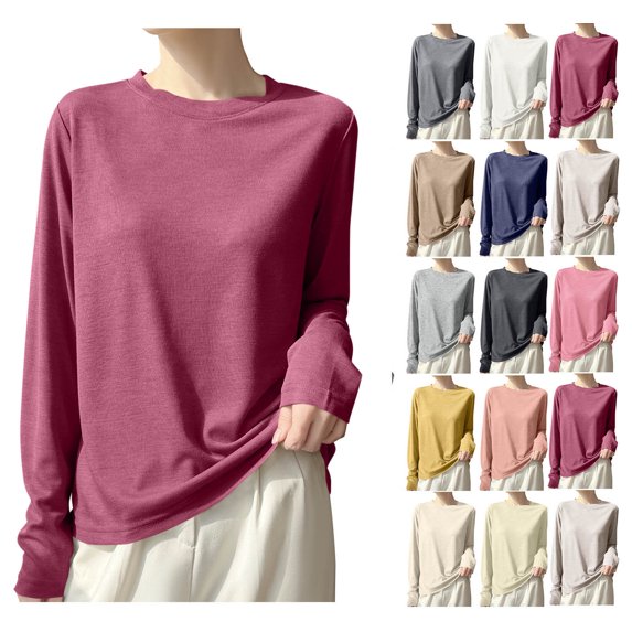 XRoczxe Women Crew Neck Ribbed Long Sleeve Slim Fit Thermal Top Soft Skin-Friendly Windproof Warm Base Layer Multi Fresh Solid Color Casual Winter Layering Shirt