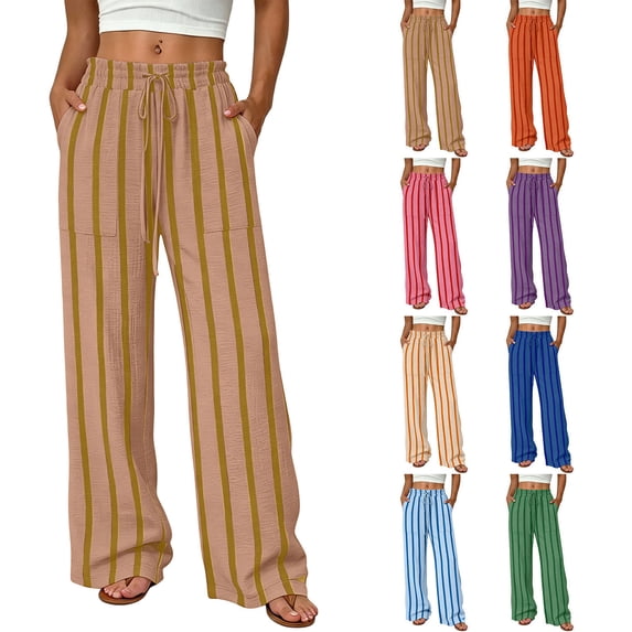 XRoczxe Women Drawstring Waist Vertical Stripe Wide Leg Pants Soft Casual Trousers With Side Pockets Vibrant Multi Color All Figure Fit for Summer Vacation Daily Wear