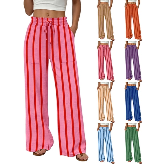 XRoczxe Women Drawstring Waist Vertical Stripe Wide Leg Pants Soft Casual Trousers With Side Pockets Vibrant Multi Color All Figure Fit for Summer Vacation Daily Wear