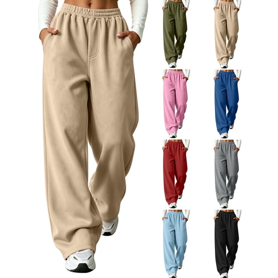 XRoczxe Women Elastic Drawstring Wide Leg Sweatpants Draped Wrinkle Resistant Soft Loose Casual Street Trousers Deep Side Pockets Multi Solid Fresh Colors